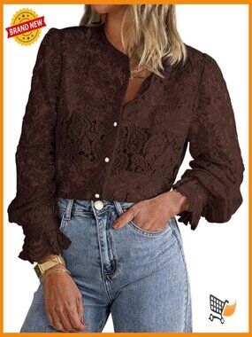 Lace Blouse Long Sleeve Button Down Shirt Dressy Casual Top Fall Fashion